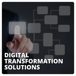 A person pressing the start of a digital workflow. Text: Digital Transformation Solutions.