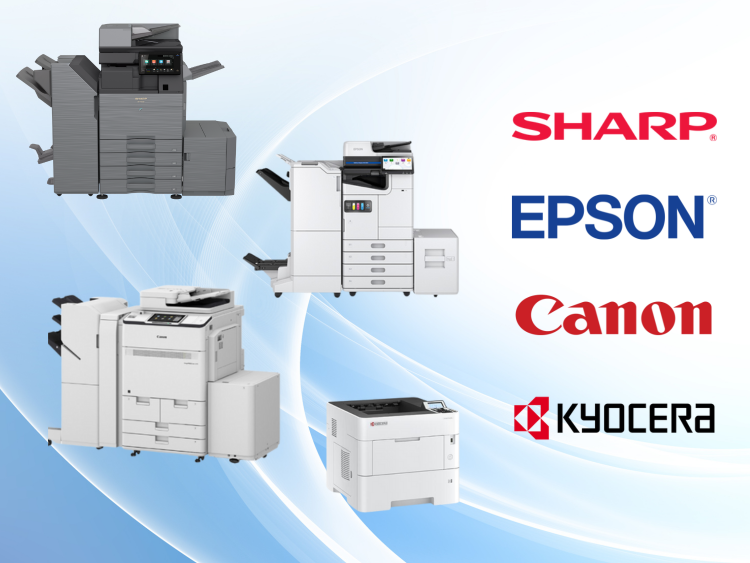 Four copiers and printers with the logos of Sharp, Epson, Canon, and Kyocera