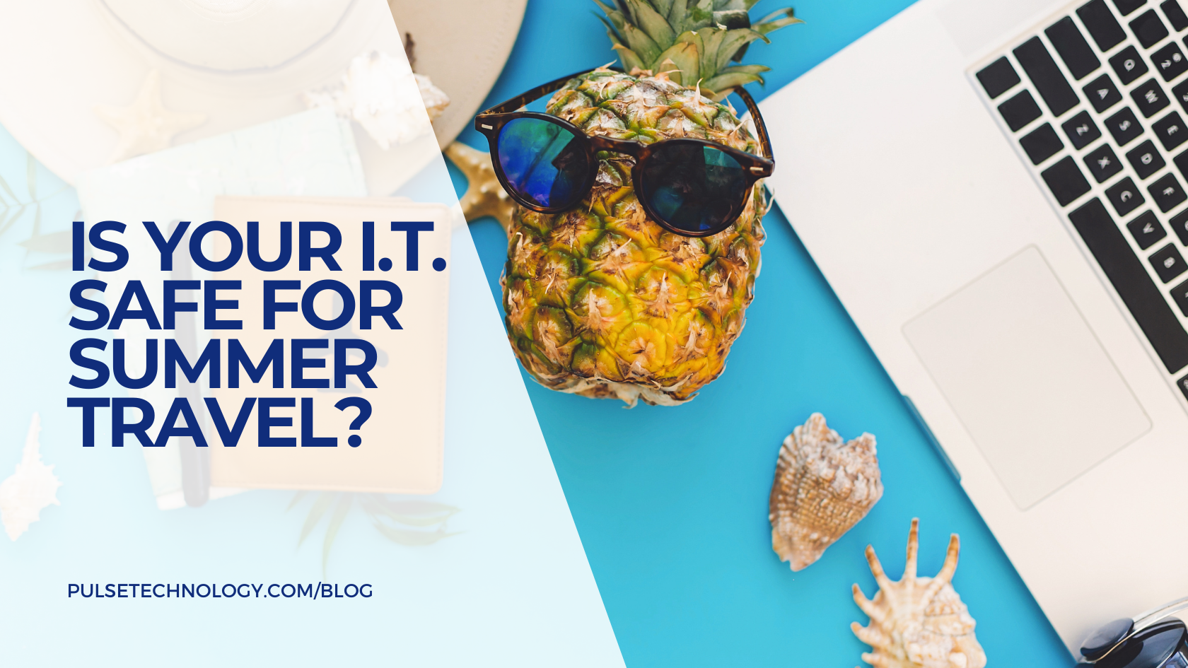 A pineapple wearing sunglasses with shells and a hat surrounding it, all of this is next to a laptop.