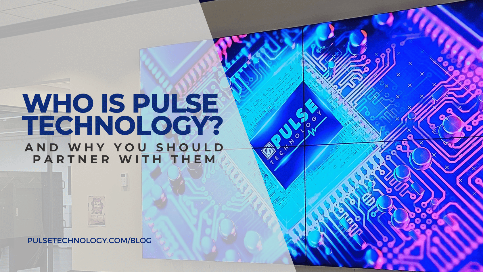 A photo of an LED display with a computer chip and the name Pulse Technology printed on it.